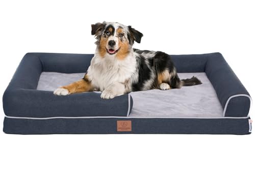 Orthopädisches Premium Hundebett mit Egg Foam, extra Halteschlaufe, Wasserdichter Innenbezug, Hundesofa, Hundekissen, flauschig, Bezug abnehmbar, waschbar, 106 x 81 x 17 cm, Hellgrau (XXL) von Warenhammer