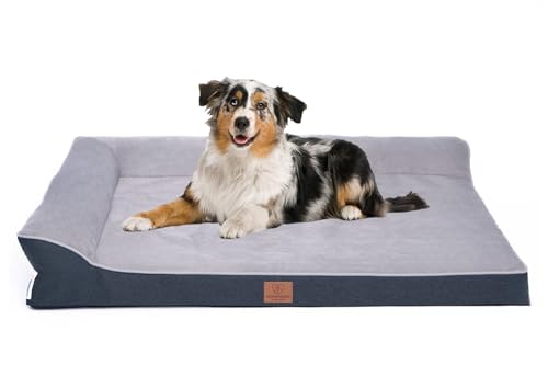 Orthopädisches Premium Hundebett mit Egg Foam, extra Halteschlaufe, Wasserdichter Innenbezug, Hundesofa, Hundekissen, flauschig, Bezug abnehmbar, waschbar, 89 x 63 x 17 cm, Hellgrau (XL) von Warenhammer