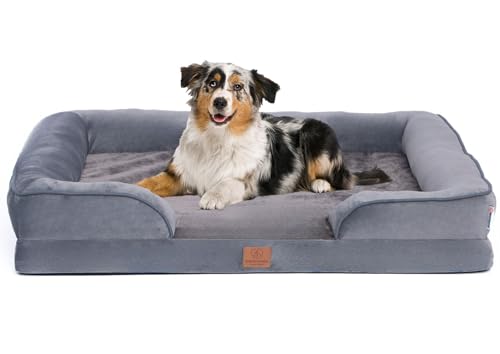 Orthopädisches Premium Hundebett mit Egg Foam, große Hunde - extra Halteschlaufe, Wasserdichter Innenbezug, Hundesofa, Hundekissen, flauschig, Bezug abnehmbar, waschbar, 106 x 81 x 17 cm, Dunkelgrau von Warenhammer