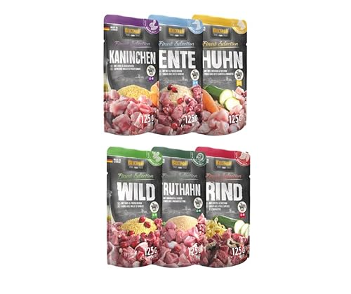 Belcando Frischebeutel Nassfutter | Multi Bundle, Sparpaket | Verschiedene Sorten | 6x125g (125g, Mix 1 - Kaninchen, Ente, Huhn, Wild, Truthahn, Rind) von Warnick´s Tierfutterservice