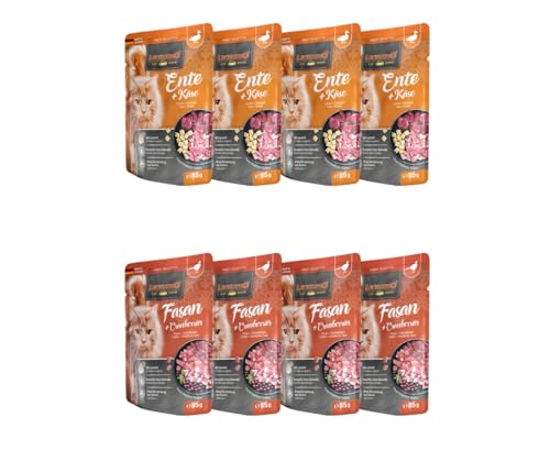 Leonardo Frischebeutel 8x85g | Katzenfutter | Nassfutter | Multi Bundle | Sparpaket | Pouch | Verschiedene Sorten (85g, 4X Ente+Käse, 4X Fasan+Cranberries) von Warnick´s Tierfutterservice