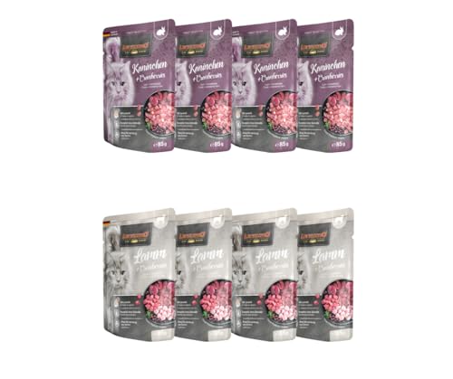 Leonardo Frischebeutel 8x85g | Katzenfutter | Nassfutter | Multi Bundle | Sparpaket | Pouch | Verschiedene Sorten (85g, 4X Kaninchen+Cranberries, 4X Lamm+Cranberries) von Warnick´s Tierfutterservice