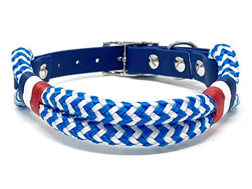 Wau-Effekt Tauhalsband für Hunde - 100% Handarbeit - Halsband - Halsung aus robustem Segeltau mit Biothaneverschluss (XL, Blau/Weiß - Blau Weiß Rot) von Wau-Effekt