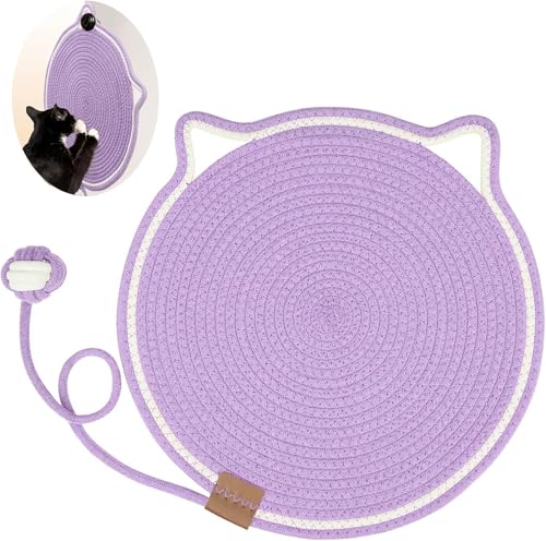 Cat Scratcher Mat, Natural Cotton Rope Cat Scratch Pad, Round Horizontal Floor Cat Scratching Pads for Indoor Cats, Washable Cooling Pet Mats, Cat Furniture Protector for Wall (Purple-42cm) von Wbietu