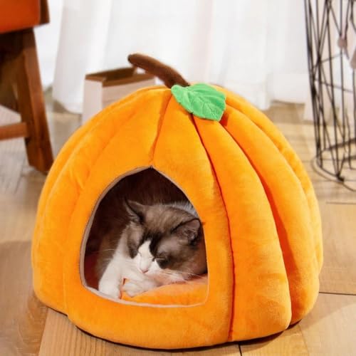 Pumpkin Cat Bed, Cat Beds for Indoor Cats, Cute Pumpkin Style Cat Bed Cat House, Soft Semi-Closed Pumpkin Shape Pet Bed, Warm Cave Nest Sleeping Bed Puppy House (Orange, 18*18*16 In/45*45*40 Cm) von Wbietu