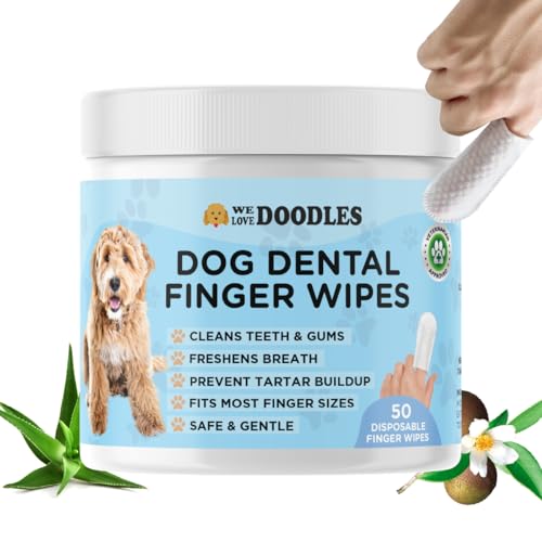 We Love Doodles Zahnreinigungstücher für Hunde, reinigt Zähne und Zahnfleisch, erfrischt den Atem des Hundes, verhindert Zahnsteinbildung, passend für die meisten Fingergrößen, 50 Stück von We Love Doodles