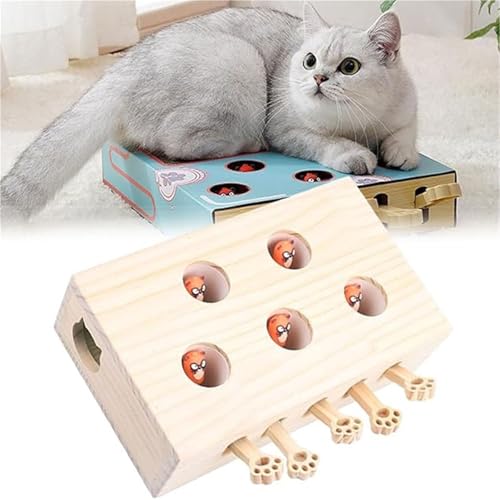 Interaktives Katzenspielzeug aus Holz, Cat Whack a Mole Scratcher, Katzenkratzbox, Pfotenschleifspielzeug, interaktives Katzenspielzeug für gelangweilte erwachsene Katzen im Innenbereich(Five holes (g von Weairotp