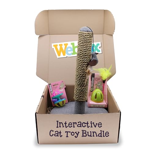 Webbox Interaktives Katzenspielzeug-Set (3er-Pack) – Federstab, Jingle Ball & Kratzbaum für Erwachsene Katzen und Kätzchen im Innenbereich von Webbox