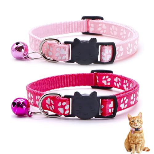 WeddHuis 2 Katzenhalsband, verstellbares Katzenhalsband mit Glöckchen und Sicherheitsschnalle, geeignet für alle Hauskatzen(rosa+rot) von WeddHuis