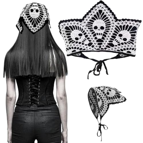 Halloween Crochet Bandana für Frauen Spinnen -Webschädel Häkelschalel weiches Baumwollhäkchen Stirnband mit Gurt Vintage Gothic Hair Bandana für Halloween -Party von Weddflower