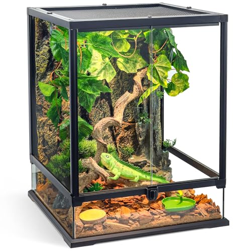 360 ° klare Sicht, 90 Liter, 24 x 18 x 18 cm, Glas Reptilien-Terrarium, geeignet für Bartagamen, Chamäleon, Gecko mit Haube, mehrere Haustiere, mit Vordertür, hervorragende Belüftung, versteckte von Wedoelsim