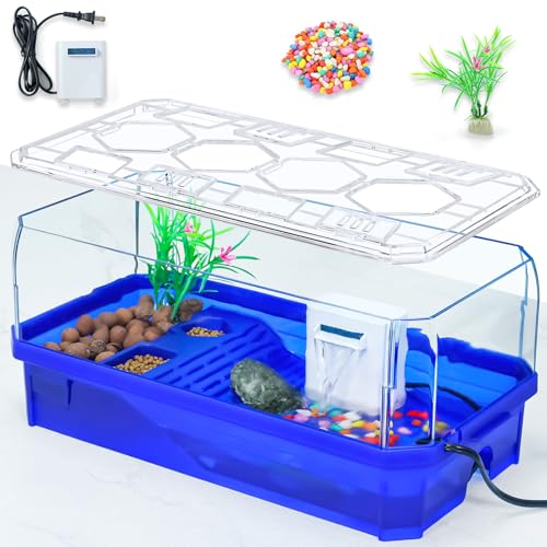 Wedoelsim Schildkrötenkäfig-Terrarium mit Pumpe und Filter mit Duschfunktion, einfacher Wasserwechsel und sauberes Wasser, für Schildkrötenhörnchen, Frosch, Einsiedlerkrebse, Blau, Größe M von Wedoelsim