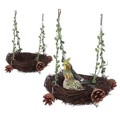 Weduspaty Papageiennest Vogel Nest Schwung Bett Spielzeug 2pcs Natural Rattan Nest Papagei Käfig Hängematte Hängematte für Sittich Cockatiel Cockatoo von Weduspaty