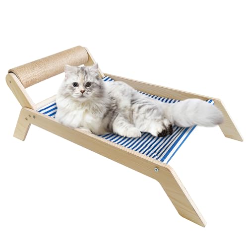 Weellei Katzen-Hängematten-Bett mit Kratzrolle für Indoor-Katzen, XL-Holz-Strand-Sling-Stuhl für Kätzchen und große ausgewachsene Katzen, 60 x 30 x 19 cm von Weellei