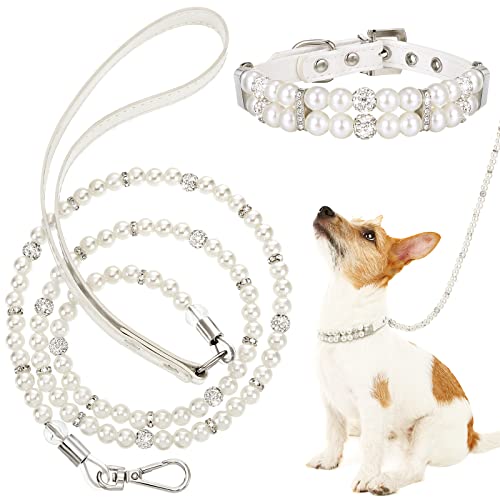 2-teiliges Hundehalsband-Set mit künstlichen Perlen, 2-reihige Perlen, Haustier-Halskette und PU-Lederperlenleine mit Kristall-Strass-Imitationsperle, Umhängeband für Hunde und Katzen (2 x 120 cm) von Weewooday