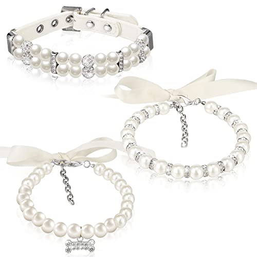 3 Stück Perlen Hunde Halsband Bling Strasssteine Katze Hochzeit Halsband PU Leder Katzenhalsbänder Verstellbare Mädchen Hunde Halsbänder für Kleine Hunde Mädchen Welpen Zubehör (Weiß, M) von Weewooday