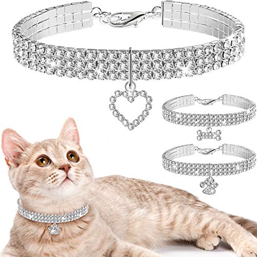 3 Stücke Bling Strass Haustier Halsbänder Glitter Anhänger Hundehalsbänder Verstellbares Kristall Katzenhalsband Elastische Haustier Halskette für Kleine Haustier Katze (Weiß) von Weewooday