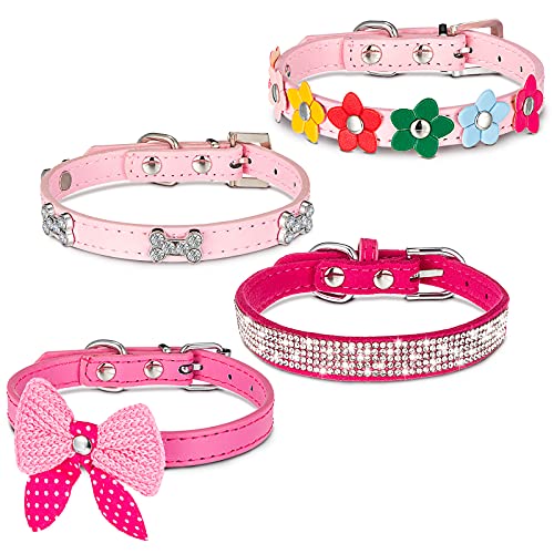 4 Stück Mädchen Welpen Halsbänder Haustier Halsbänder Rosa Hundehalsband inkl. Strass Hundehalsband Floral Haustier Halsband Kristall Diamant Halsband Schleife Knoten Katzenhalsband für Mädchen Hündinnen Katzen Halsband Zubehör von Weewooday