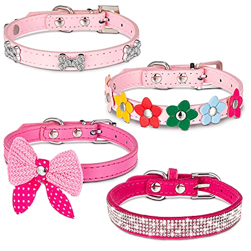 4 Stück Mädchen Welpen Halsbänder Rosa Hundehalsband mit Strass Schleife Knoten Kristall Diamant Bunte Blume Bling Mädchen Hund Katze Halsbänder für Mädchen Hunde Katzen Halsband Zubehör XS Größe von Weewooday