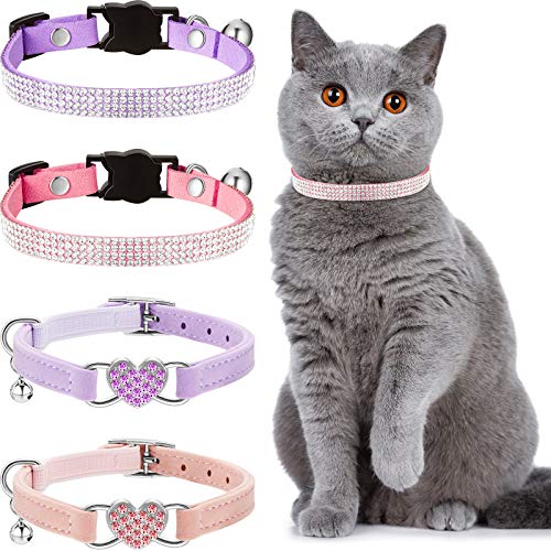 4 Stück Strass Katzenhalsband Herz Bling Breakaway Valentinstag Weich Samt Halsband mit Liebe Verstellbar Sicherheit Glöckchen für Kitty (Rosa, Violett) von Weewooday