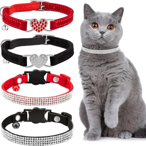 4 Stück Strass Katzenhalsband Herz Bling Breakaway Valentinstag Weich Samt Halsband mit Liebe Verstellbar Sicherheit Glöckchen für Kitty (Rot, Schwarz) von Weewooday