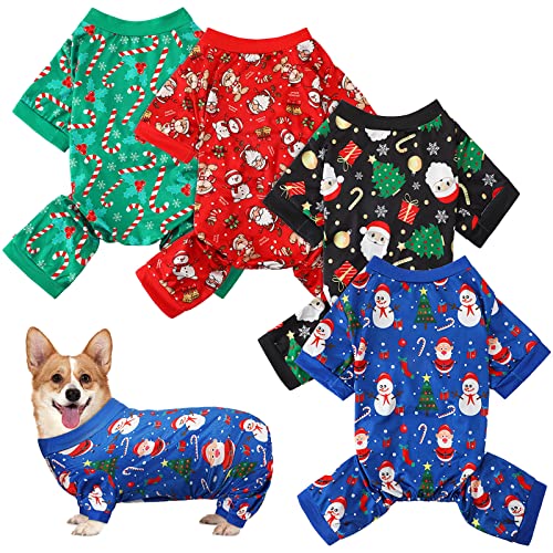 4 Stück Weihnachts-Hunde-Pyjama Weihnachtselement Welpen Kleidung Weihnachtsmann Schneemann Xmas Urlaub Haustier Welpen Schlafanzug Weihnachtsbaum Schneeflocke Hund Schlafanzug Einteiler (klein) von Weewooday