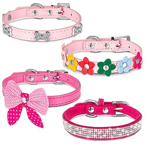 4 x Hundehalsband für Mädchen, Welpen, rosa mit Strasssteinen, Schleife, Knoten, Kristall, Diamanten, bunte Blumen, Bling, Mädchen, Hund, Katze, Halsbänder für Mädchen, Hunde, Katzen, Halsbandzubehör (Medium) von Weewooday