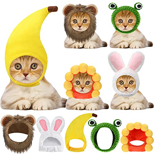 5 Stück Katze Hut Kostüme Süße Löwenkostüm für Katzen Hase Kaninchen Hut mit Ohren Lustige Löwenmähne Frosch Sonnenblumen Banane Mützen für Katzen Kleine Welpen Halloween Party, 5 Stile von Weewooday