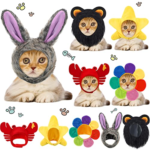 5 Stück Niedliche Haustiermütze Halloween Katze Kostüm Häschen Kaninchen Hut mit Ohren Haustier Kopfbedeckung Schwarz Löwenmähne Blume Stern Krabbe Kappe Halloween Party Zubehör für Kätzchen Welpen von Weewooday