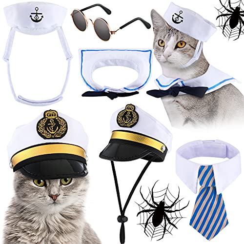 5 Stück Weihnachten Katze Sailor Kostüm Set Katze Kapitän Hut Hund Kapitän Marineblau Sailor Anzug Kleine Haustier Sonnenbrille Cravat Neck Tie für Katze Welpen Foto Requisiten Kostüm Party Zubehör von Weewooday