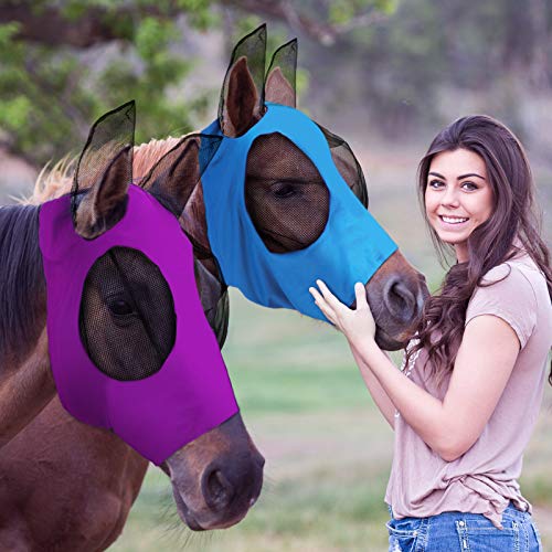 Fliegenmaske für Pferde, mit Ohren, glatt, elastisch, mit UV-Schutz, Violett, Blau, Größe L, 2 Stück von Weewooday