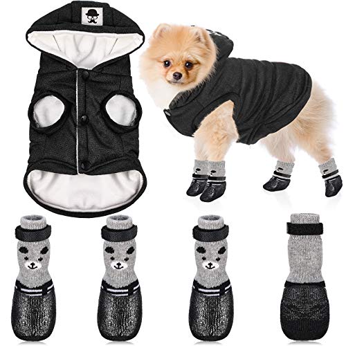 Hundemantel und Stiefel mit Kapuze für Hunde und Katzen, stilvolle Welpenkleidung, warme Hundejacke, wasserdichte Hundeschuhe für kleine Welpen, Schwarz, Größe L von Weewooday