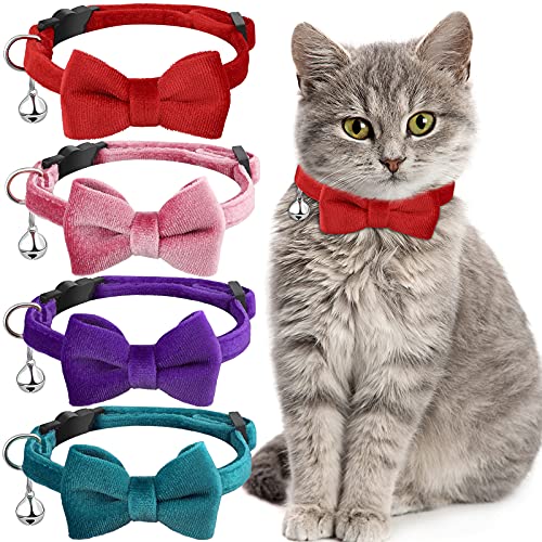 Katzenhalsbänder mit Glöckchen und Fliege, bequemes Samt-Katzenhalsband mit niedlicher Sicherheitsschnalle, einfarbig, für Haustiere, Kätzchen, Katzen, Welpen (Rosa, Rot, Hellblau), 4 Stück von Weewooday