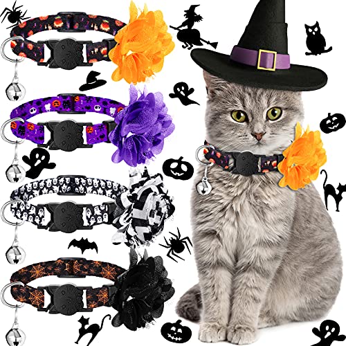 Katzenhalsband, mit Glöckchen und abnehmbaren Blumen, Sternstreifen, Kürbis, Geist, Hundehalsband, Schnellverschluss, verstellbar, für Katze und Hund (klein, Kürbis-Serie) von Weewooday