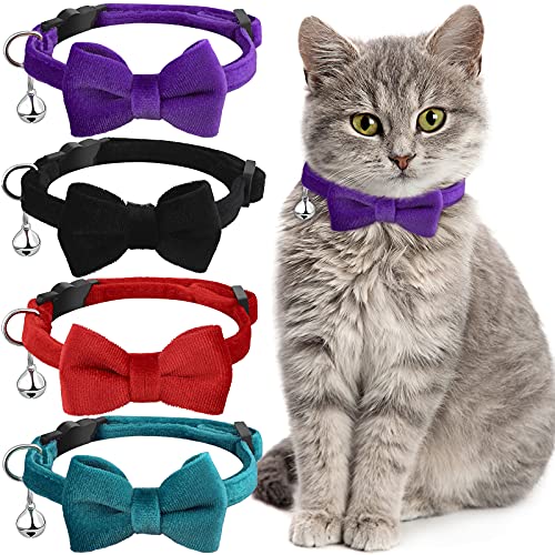 Katzenhalsband mit Fliege und Glöckchen, 4 Stück, Katzenhalsband, bequemes Samt-Katzenhalsband mit niedlichem Sicherheits-Haustierhalsband für Haustiere, Kätzchen, Welpen (schwarz, rot, lila, blau, von Weewooday