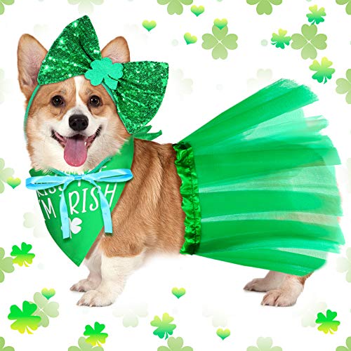 St. Patrick's Day Hunde-Kostüm-Set, 3-teilig, Kiss Me I'm Irish Shamrock, Hunde-Bandana-Set inkl. Hunde-Schal, grünes Hunde-Tutu und Hunde-Fliegen-Stirnband von Weewooday