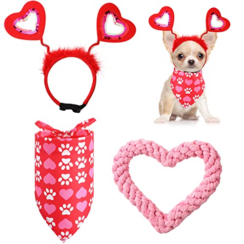 Valentinstag Hundekostüm, Bling Haustier Herz Stirnband Pailletten Herz Haustier Stirnband Valentinstag Hund Bandana Pfotenabdruck Dreieck Hundeschal und Hund Kauspielzeug Herzförmiges Seil Spielzeug für Kleine Mittlere Hunde von Weewooday