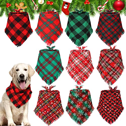 Weewooday 10 Stück Weihnachten Hund Bandana Klassische Buffalo Plaid Schneeflocke Haustier Schal Quasten Stil Triangle Lätzchen Kostüm Zubehör Dekoration für kleine mittlere große Hunde Katzen von Weewooday