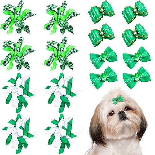 Weewooday 16 Stück St. Patrick's Day Hunde-Haarschleifen für Hunde, gebogene Schleifen, gemischte Stile, für Haustiere, Welpen, grüne Kleeblatt-Haarschleifen mit Gummibändern für die Fellpflege. von Weewooday