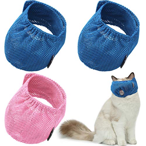 Weewooday 3 Stück Katzen-Maulkörbe atmungsaktive Netz-Maulkörbe Katzenpflege Rückhaltebeutel mit Maulkorb Anti-Biss Anti-Miau zum Verhindern von Katzen (blau, rosa) von Weewooday