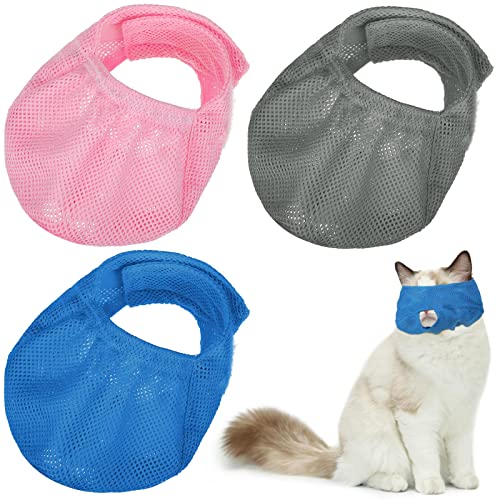 Weewooday 3 Stück Katzen-Maulkörbe atmungsaktive Netz-Maulkörbe Katzenpflege Rückhaltebeutel mit Maulkorb Anti-Biss Anti-Miau zum Verhindern von Katzen vom Beißen (blau, rosa, grau) von Weewooday