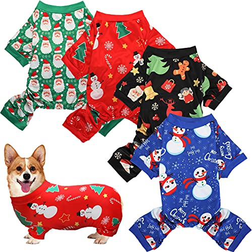 Weewooday 4 Stück Weihnachts-Hunde-Pyjama Weihnachtselement Welpenkleidung Weihnachtsmann Schneemann Xmas Urlaub Haustier Welpen Schlafanzug Weihnachtsbaum Schneeflocke Hund Pyjama Einteiler (Medium) von Weewooday