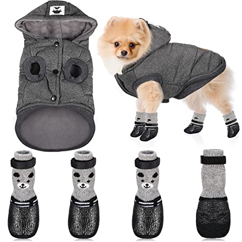 Weewooday Hundemantel mit Kapuze und Hund Katze Stiefel Schuhe Socken Stilvolle Welpen Kleidung Warme Hundejacke Wasserdicht Hundeschuhe für Kleine Welpen (S, Grau) von Weewooday