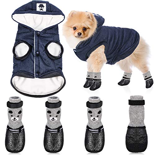 Weewooday Hundemantel mit Kapuze und Stiefeln für Hunde und Katzen, stilvolle Welpen, warme Hundejacke, wasserdichte Hundeschuhe für kleine Welpen (Marineblau, M) von Weewooday