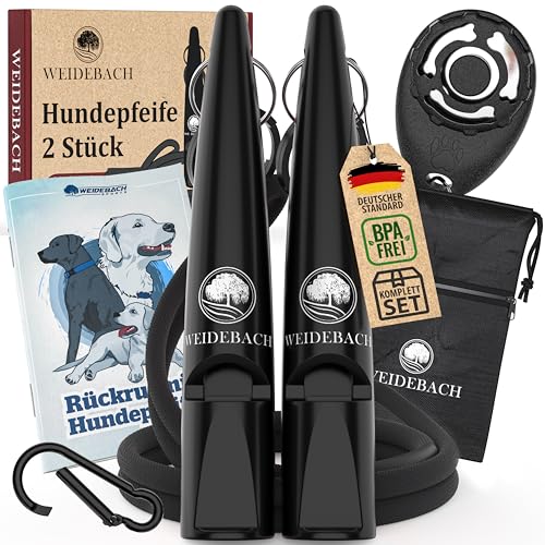 WEIDEBACH® 2x verbesserte Hundepfeife 2.0 mit stabilerem & lauterem Ton, inkl. Clicker, Leckerlibeutel und E-Book für Training mit Hund, genormt, Qualitätsband & -Mundstück, gelungenes Rückruftraining von Weidebach