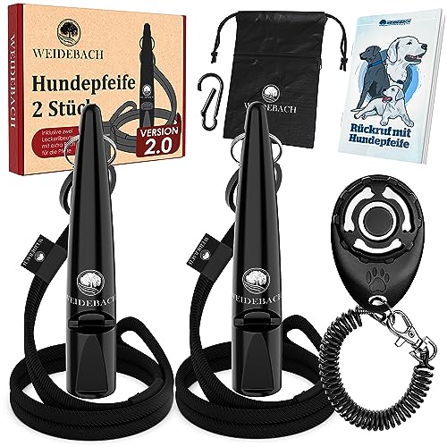 Weidebach® 2X Hundepfeife mit lautem und gleichbleibendem Ton für Training mit Hund, genormte Frequenz, angenehmes Band und Mundstück, inkl. E-Book + Leckerlibeutel für gelungenes Rückruftraining von Weidebach