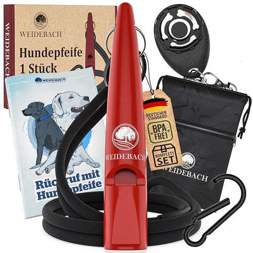 Weidebach® verbesserte Hundepfeife 2.0 mit stabilerem & lauterem Ton, inkl. Clicker, Leckerlibeutel und E-Book für Training mit Hund, genormt, Qualitäts-Band & -Mundstück, gelungenes Rückruftraining von Weidebach