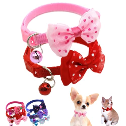 2er-Pack Welpenhalsband mit Glöckchen, XS-Hundehalsband, Mädchen mit Fliege, niedliches Katzenhalsband mit Glöckchen, verstellbar, für XXS, XS, kleine Hündinnen, Haustiere, Kätzchen, Tier, Rosa + Rot von WeimoMonkey