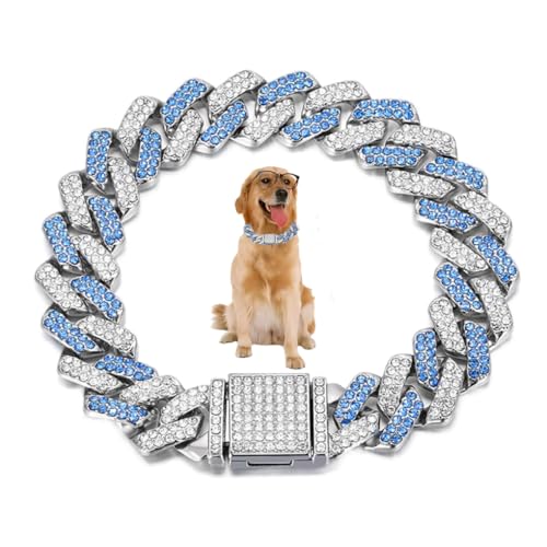 Blaue Hundeketten, Diamant-Hundehalsband, glitzernde Strasssteine, Metall-Choke, kubanisches Glieder-Hundehalsband, 14 mm breit, Haustierschmuck für Welpen, kleine, mittelgroße und große Hunde (40,6 von WeimoMonkey