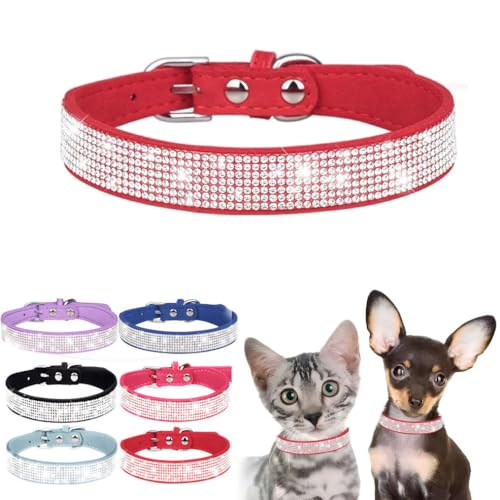 Bling Hundehalsband, Strass-Hundehalsband, niedliches Diamant-Juwel, funkelnd, ausgefallenes Leder, Katzen-Haustierhalsband für XXS, XS, S, M, L, XL, XXL, Welpen, Mädchen, weiblich, Rot, XS von WeimoMonkey